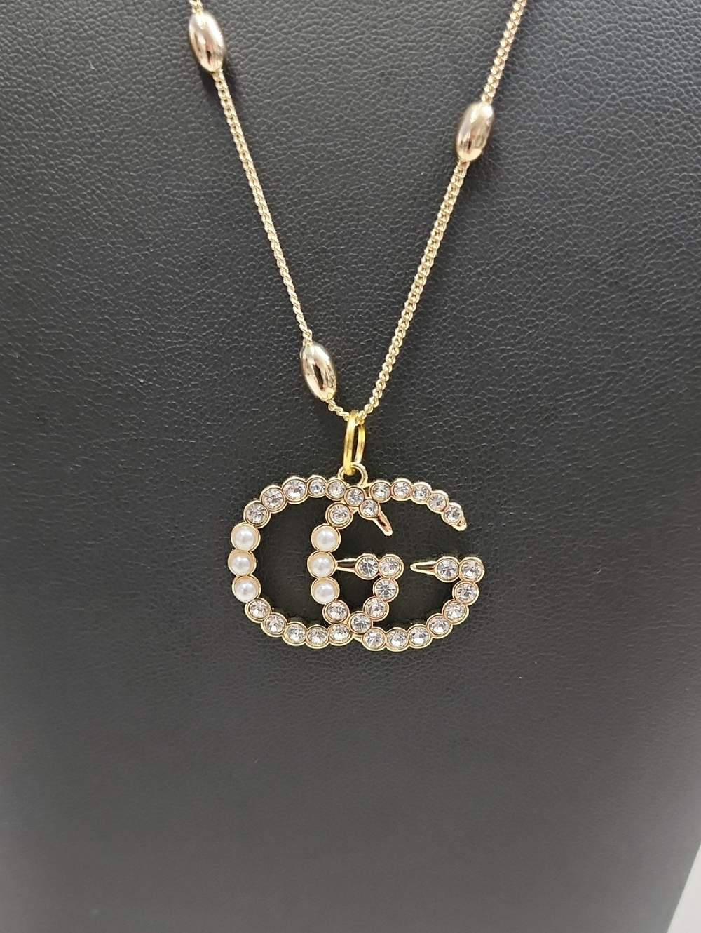 Sparkly Faux Pearl G charm On Beaded Gold Filled Chain